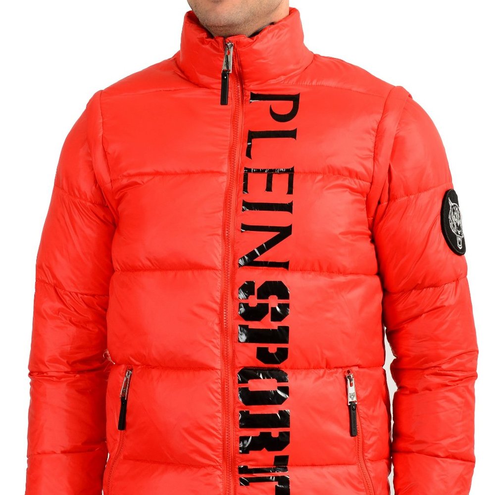 Plein Sport Men's Red Logo Print Zip Up Parka Vest With Detachable Sleeves